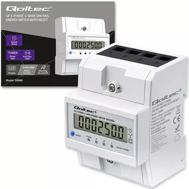 Kolmivaihemittari QOLTEC 50980 — 400 V, 100 A nollauksella