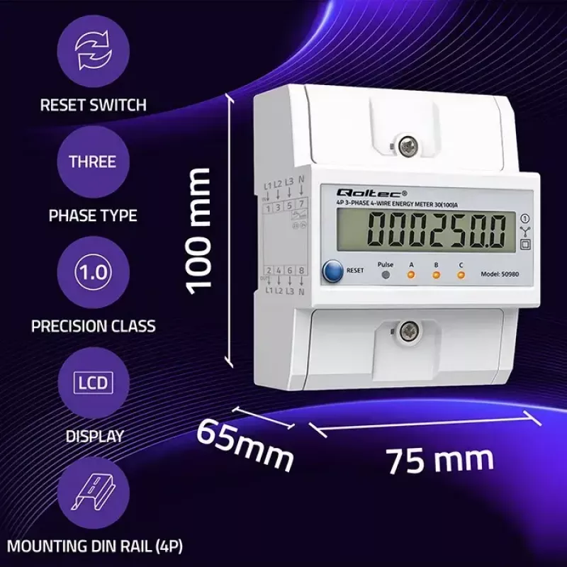 Kolmivaihemittari QOLTEC 50980 — 400 V, 100 A nollauksella