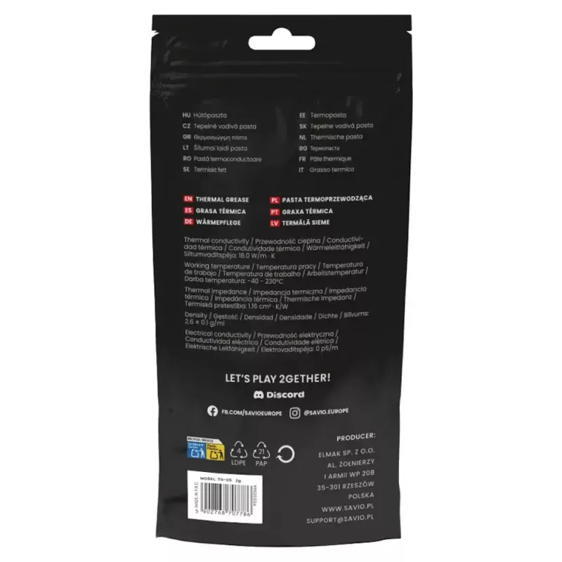 Lämpötahna SAVIO TG-05 2g — lämmönjohtavuus 18 W/m·K, 2 ml