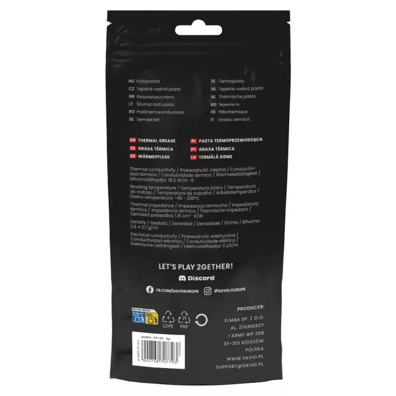 Lämpötahna SAVIO TG-05 4g — lämmönjohtavuus 18 W/m·K, viskositeetti 2,6 g/ml