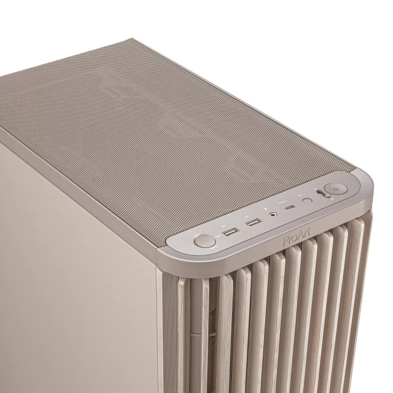 PC-kotelo ASUS ProArt PA401 Wood Edition beige — Mid-Tower, metallinen etupaneeli