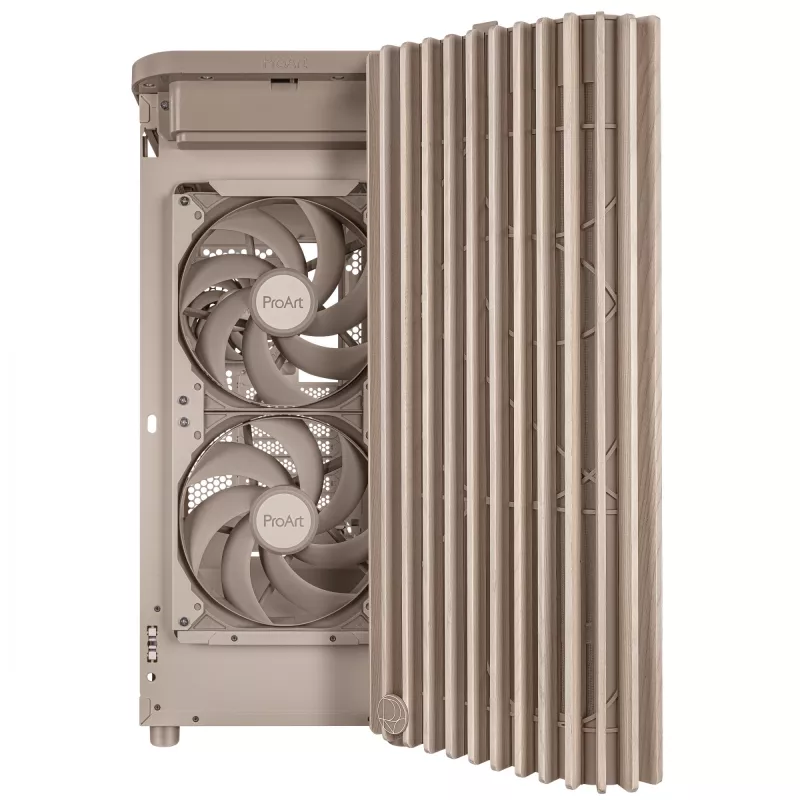PC-kotelo ASUS ProArt PA401 Wood Edition beige — Mid-Tower, metallinen etupaneeli