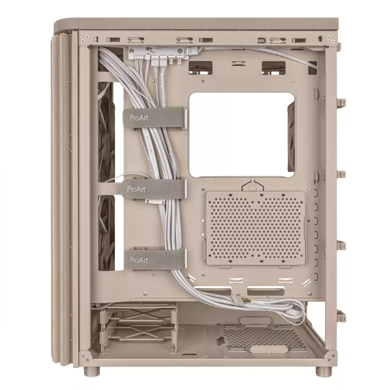 PC-kotelo ASUS ProArt PA401 Wood Edition beige — Mid-Tower, metallinen etupaneeli