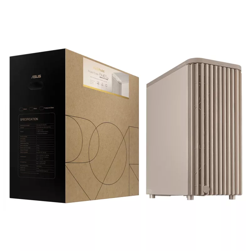 PC-kotelo ASUS ProArt PA401 Wood Edition beige — Mid-Tower, metallinen etupaneeli