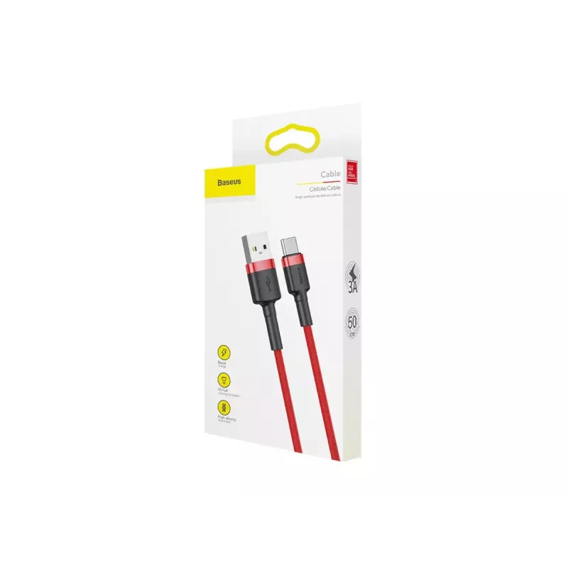 USB-A–USB-C-kaapeli Baseus Cafule — USB 2.0 A→C, QC3.0-lataustuki, nailonpunos, punainen