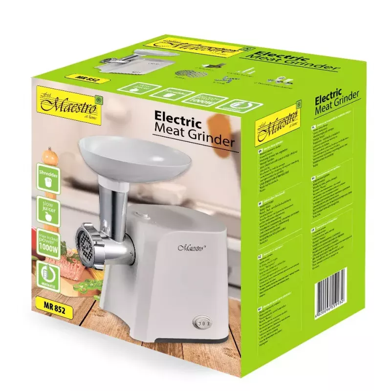 Maestro MR852 lihamylly, 1000 W, valkoinen, ruostumaton terä, taaksepäinpyöritys