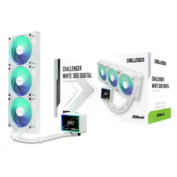 ASROCK Challenger 360 Digital ARGB White — 360mm CPU-nestejäähdytin, digitaalinen ARGB-valaistus, valkoinen viimeistely