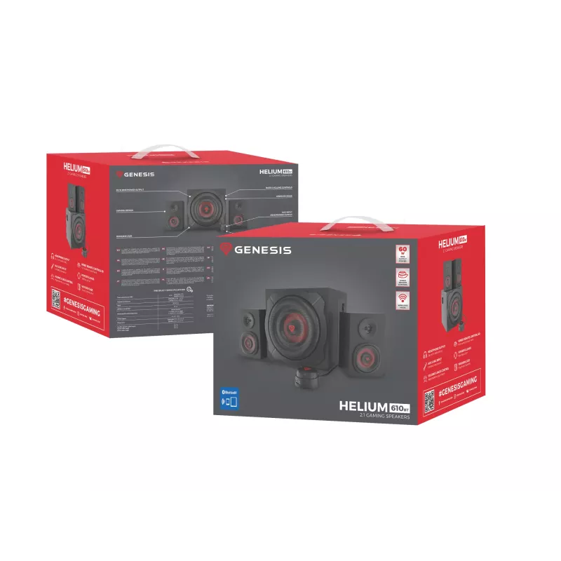 Kaiutinsarja GENESIS Helium 610BT 2.1, 60 W RMS, Bluetooth, johdollinen, punainen/musta, kompakti subwoofer