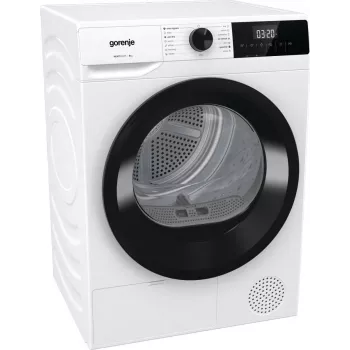 Gorenje kuivausrumpu DHNE82 BK040, vapaasti seisova, edestä täytettävä, lämpöpumppu, valkoinen, painikkeet, kiertonupit, oikea