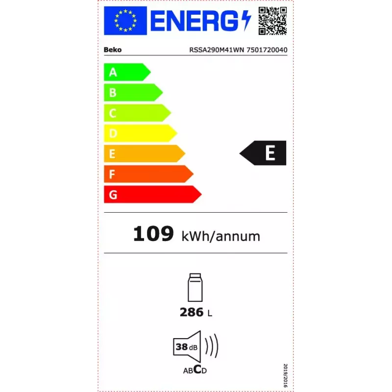 Vapaasti seisova jääkaappi BEKO RSSA290M41WN — 286 L kapasiteetti, energialuokka E, 38 dB, valkoinen