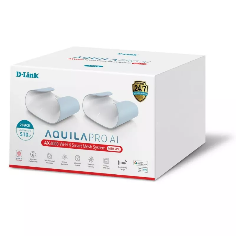 D-Link AQUILA PRO AI AX6000 Wi-Fi 6 Smart Mesh -järjestelmä – 2 kpl:n pakkaus