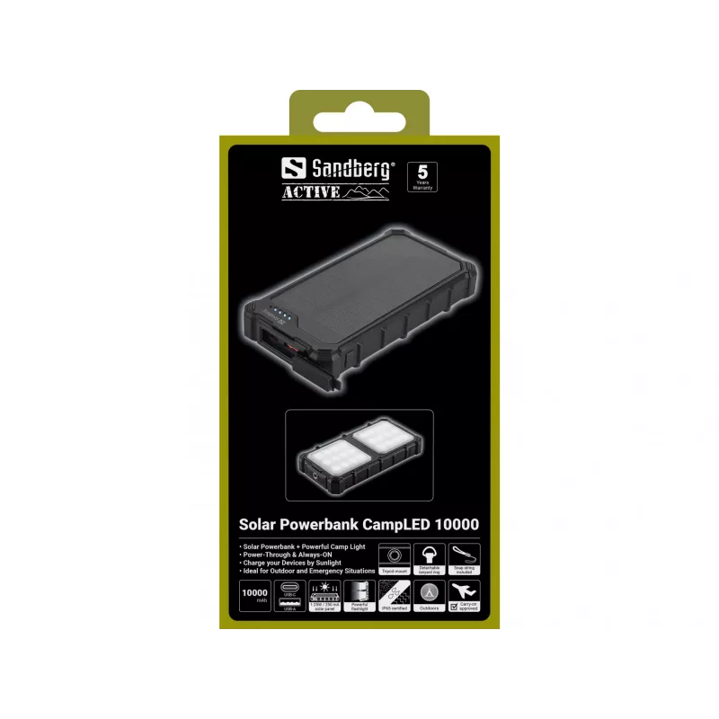 Sandberg Solar Powerbank CampLED 10000, 10000 mAh, Programmable Power Supply (PPS), 3,7 V, 15 W, musta