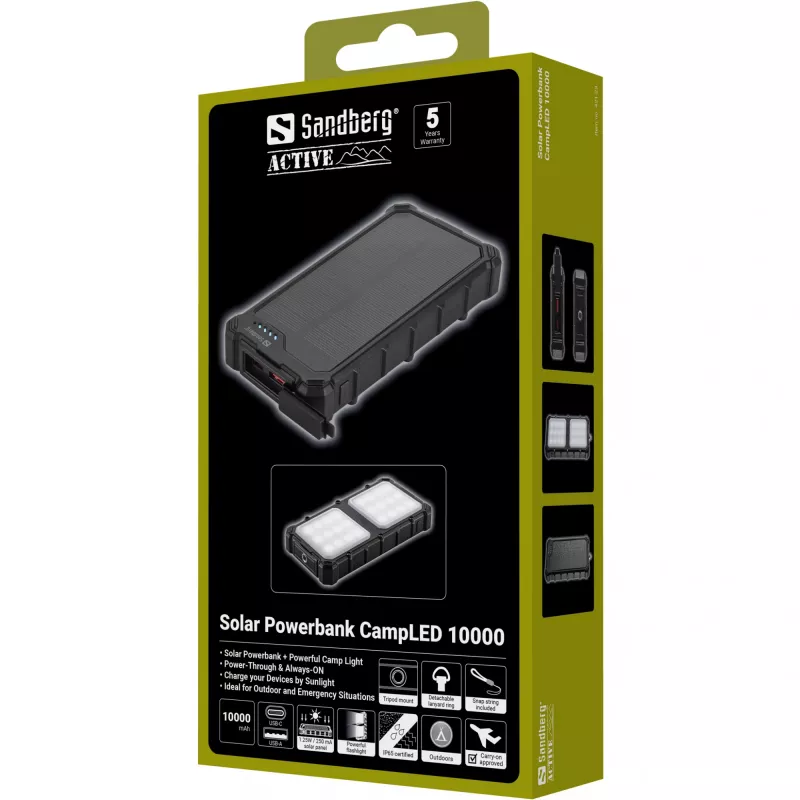 Sandberg Solar Powerbank CampLED 10000, 10000 mAh, Programmable Power Supply (PPS), 3,7 V, 15 W, musta