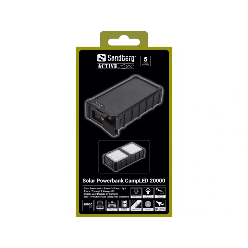 Sandberg Solar Powerbank CampLED 20000, 20000 mAh, Programmable Power Supply (PPS), 3,7 V, 15 W, musta