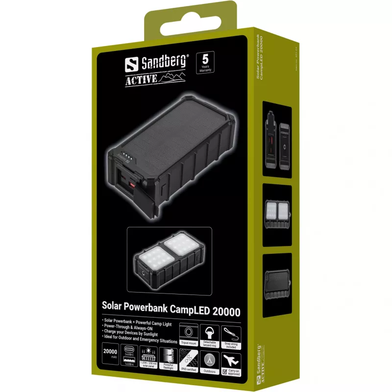 Sandberg Solar Powerbank CampLED 20000, 20000 mAh, Programmable Power Supply (PPS), 3,7 V, 15 W, musta