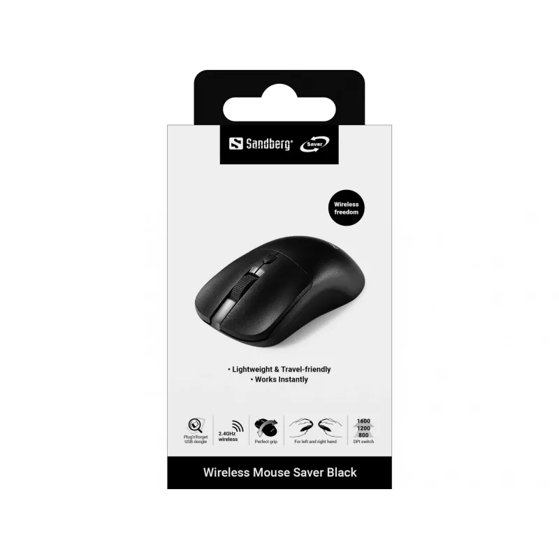 Sandberg Wireless Mouse Saver musta, molempikätinen, RF Wireless, 1600 DPI