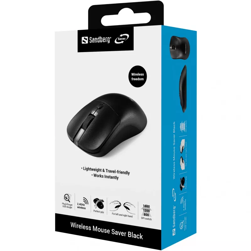 Sandberg Wireless Mouse Saver musta, molempikätinen, RF Wireless, 1600 DPI