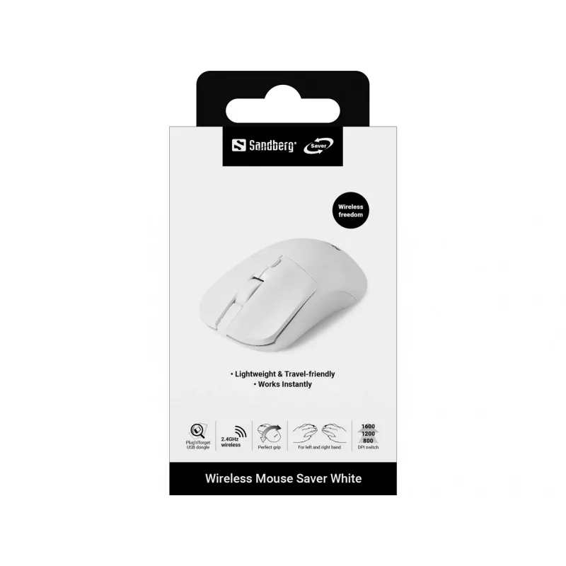 Sandberg Wireless Mouse Saver valkoinen, molempikätinen, RF Wireless, 1600 DPI