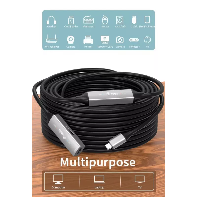 USB-C aktiivinen jatkokaapeli EQUIP 15 m, USB 3.2 Gen 1 (5 Gbit/s), nikkelikontaktit, musta
