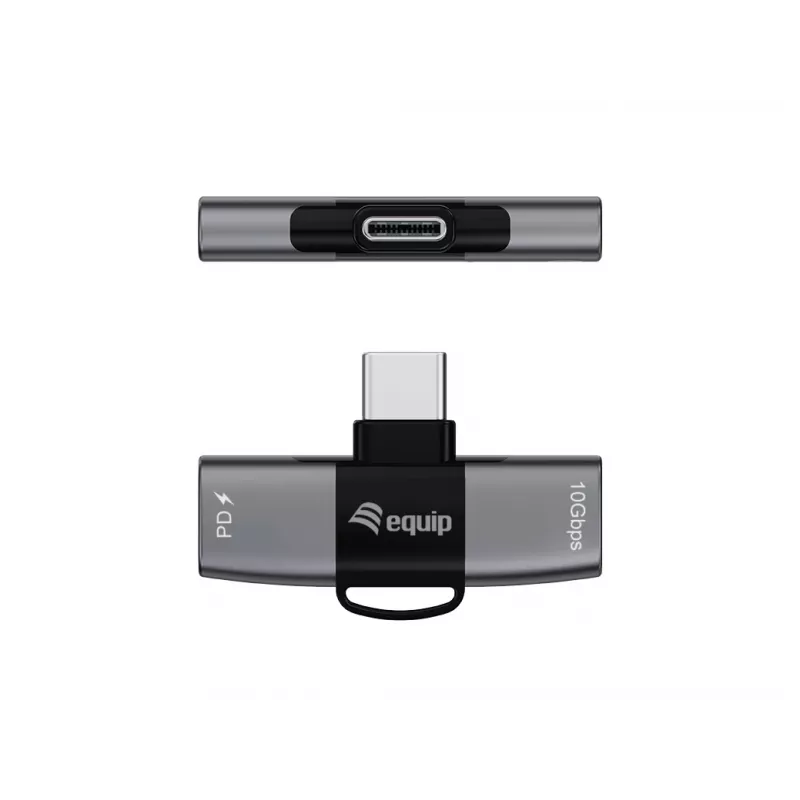 USB-C OTG -adapteri 2-in-1 EQUIP 133479 — 100W PD, 10 Gbit/s, 1x USB-C kahteen USB-C:hen, harmaa