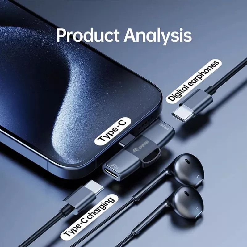 USB-C OTG -adapteri 2-in-1 EQUIP 133479 — 100W PD, 10 Gbit/s, 1x USB-C kahteen USB-C:hen, harmaa