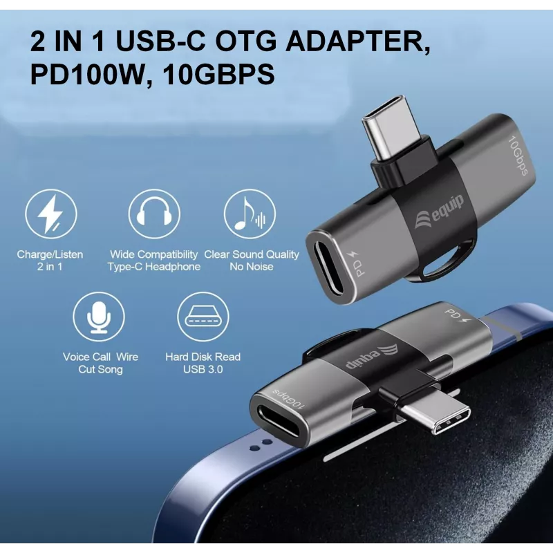 USB-C OTG -adapteri 2-in-1 EQUIP 133479 — 100W PD, 10 Gbit/s, 1x USB-C kahteen USB-C:hen, harmaa
