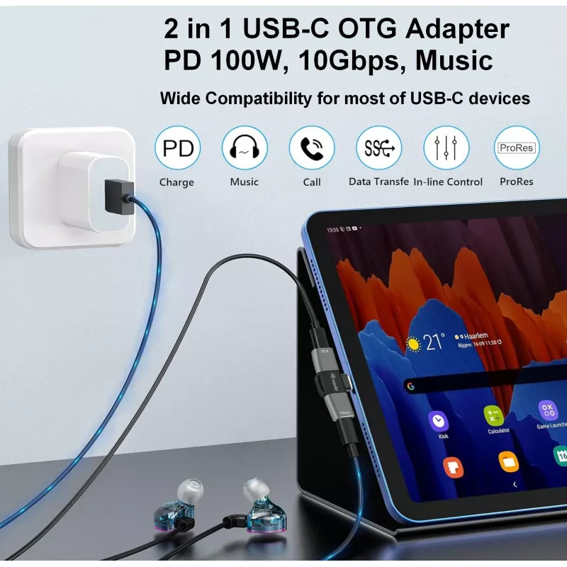 USB-C OTG -adapteri 2-in-1 EQUIP 133479 — 100W PD, 10 Gbit/s, 1x USB-C kahteen USB-C:hen, harmaa