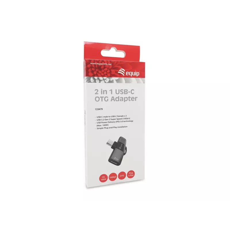 USB-C OTG -adapteri 2-in-1 EQUIP 133479 — 100W PD, 10 Gbit/s, 1x USB-C kahteen USB-C:hen, harmaa