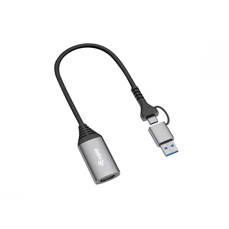 USB–HDMI-adapteri EQUIP 133498 (USB-C- ja USB-A-liitin HDMI:hin, 1080p, alumiinikotelo, harmaa)