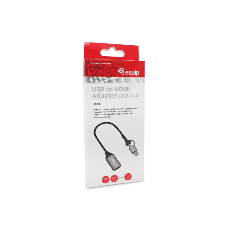 USB–HDMI-adapteri EQUIP 133498 (USB-C- ja USB-A-liitin HDMI:hin, 1080p, alumiinikotelo, harmaa)