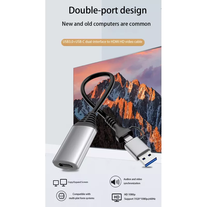 USB–HDMI-adapteri EQUIP 133498 (USB-C- ja USB-A-liitin HDMI:hin, 1080p, alumiinikotelo, harmaa)