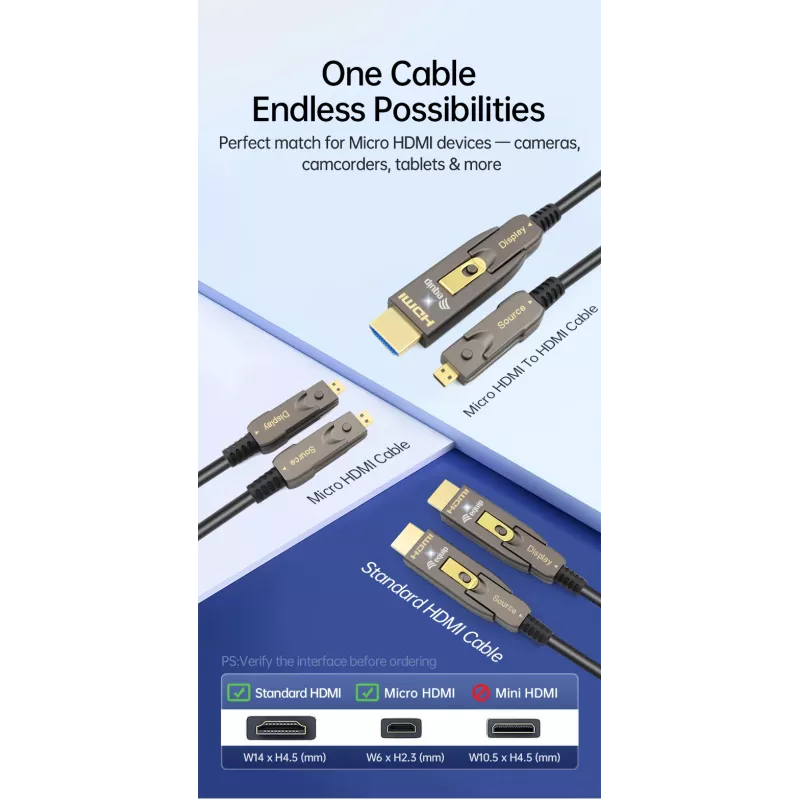 EQUIP HDMI 2.1 aktiivinen optinen kaapeli 10 m – irrotettava Type-D (Micro) + Type-A, 48 Gbit/s, 8K/60Hz
