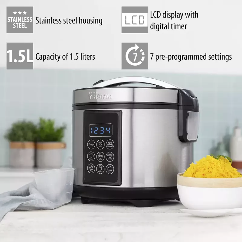 Monikypsennin Tristar RK-6132 — 1,5 L, 500 W, 7 automaattiohjelmaa, LCD, ruostumaton teräs/musta