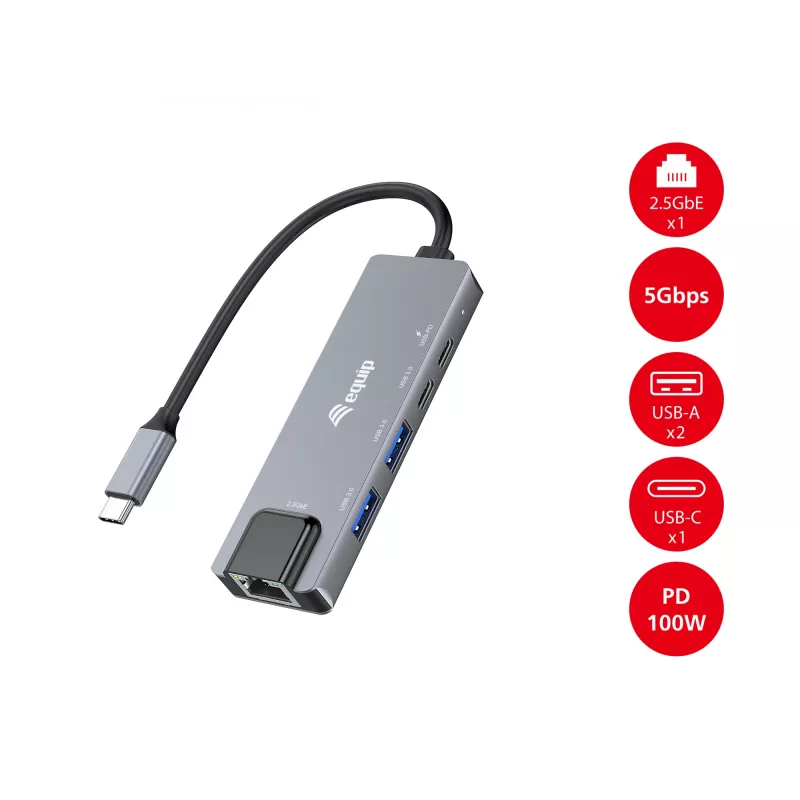 Equip 5-in-1-monitoimiadapteri, 2,5GbE, USB-A x 2, USB-C x 1, USB-C, 100W USB PD