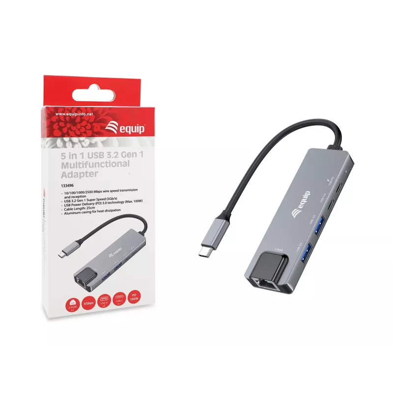 Equip 5-in-1-monitoimiadapteri, 2,5GbE, USB-A x 2, USB-C x 1, USB-C, 100W USB PD