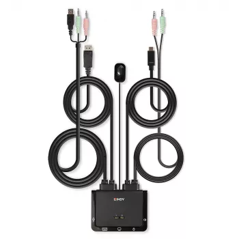 Lindy 2-porttinen DisplayPort 1.2, USB Type-C, USB 2.0 ja audio -kaapeli KVM-kytkin