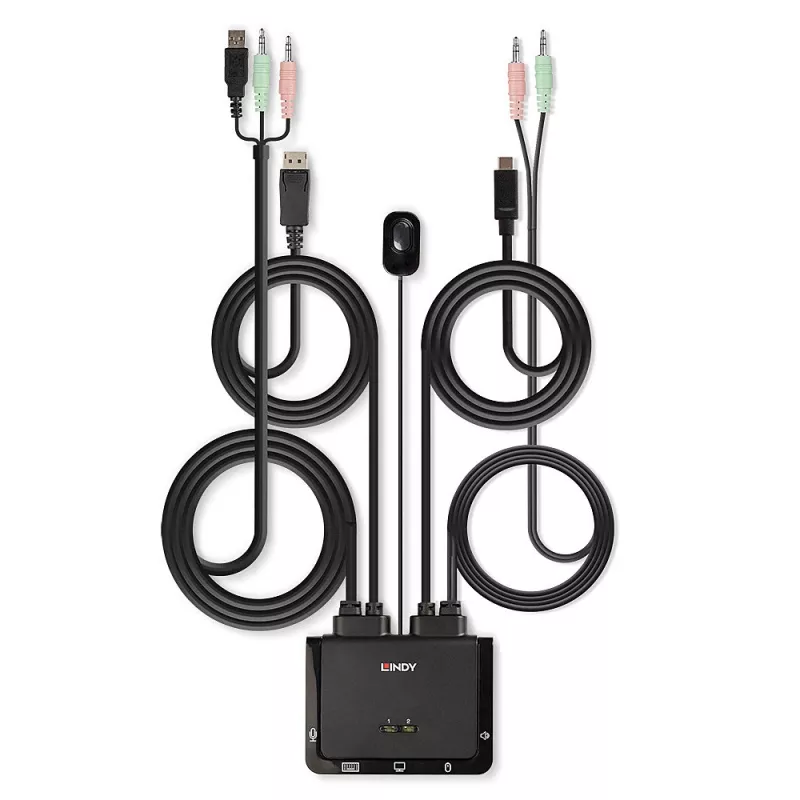Lindy 2-porttinen DisplayPort 1.2, USB Type-C, USB 2.0 ja audio -kaapeli KVM-kytkin