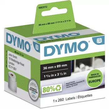 DYMO Authentic LabelWriter suuret osoitetarrat | 36 mm x 89 mm | rulla 260 kpl | musta painatus valkoiselle | LabelWriter-tarratulostimille