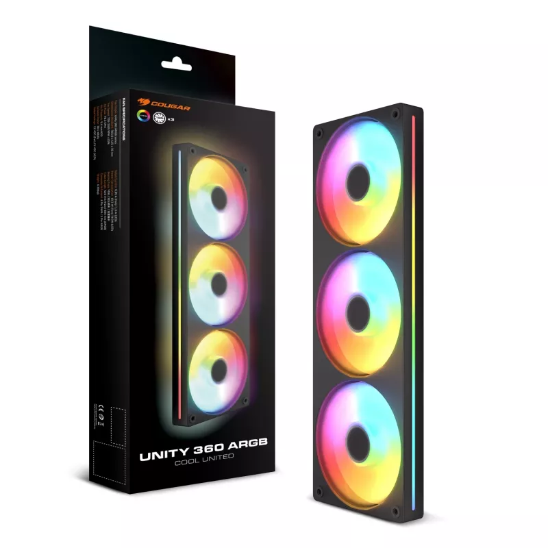 Cougar Unity360-FB Single-Frame 360 ARGB PWM Forward, 120mm×3, 700–2500 RPM, FDB, 5.4 mmH2O, musta