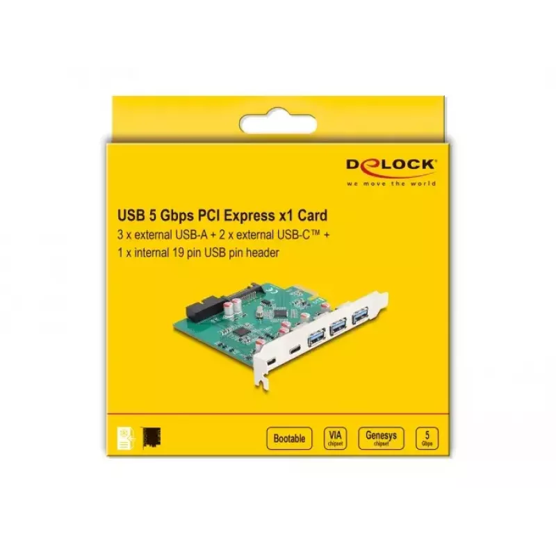 DeLOCK USB 5 Gbps PCI Express x1 -kortti 3x Type-A 2x Type-C 1x header