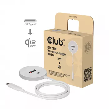 Langaton latausalusta club 3d CAC-3026 25W Qi2 magneettinen alusta, Qi 2.2 MagSafe-yhteensopiva, 1 m kaapeli, valkoinen