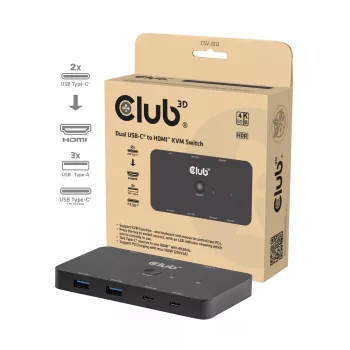KVM-kytkin club 3d Dual USB-C to HDMI, 2 porttia, 4K UHD 3840x2160, USB-C-konsoli, 65W PD, musta