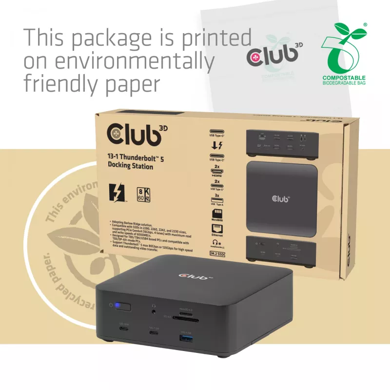 Telakointiasema CLUB3D CSV-2562 Thunderbolt 5, M.2 SSD, 2×HDMI 8K60Hz, 180W, 120 Gbit/s