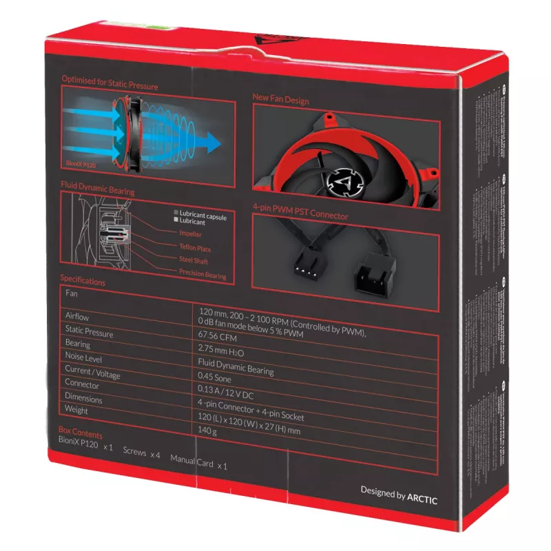 ARCTIC BioniX P120 (punainen) – paineoptimoitu 120 mm pelituuletin PWM PST
