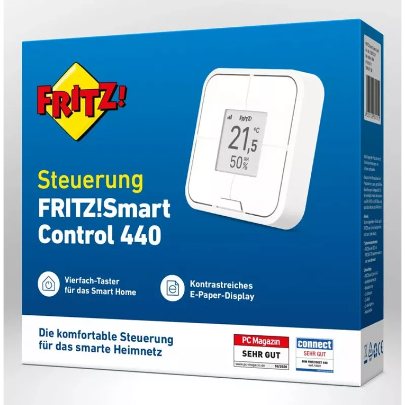 Langaton seinäkiinnitteinen älyohjain FRITZ Smart Control 440 — valkoinen, 69×69×18 mm