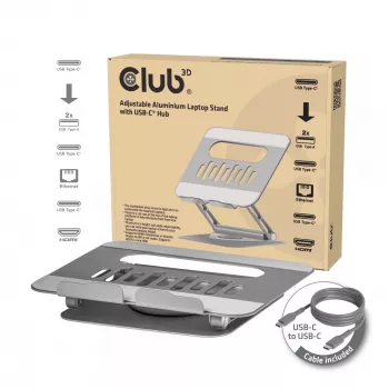 CLUB3D säädettävä alumiininen kannettavan tietokoneen teline USB-C®-keskittimellä, harmaa, 260 mm, 224 mm, 56 mm, 1,76 kg, 315 mm