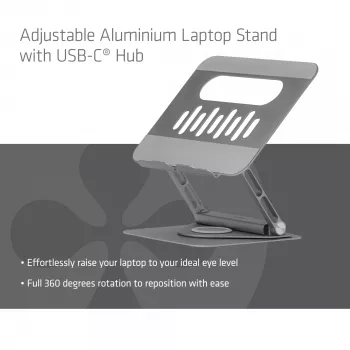 CLUB3D säädettävä alumiininen kannettavan tietokoneen teline USB-C®-keskittimellä, harmaa, 260 mm, 224 mm, 56 mm, 1,76 kg, 315 mm