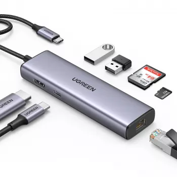 USB-C-keskitin UGREEN 90568 2 USB 3.0 HDMI RJ45 SD TF PD -portti