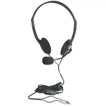 Manhattan stereo on-ear-headset (3,5 mm), mikrofoni, inline-äänenvoimakkuuden säätö, vaahtomuoviset korvatyynyt, standardi 2x 3,5 mm stereoliitin äänelle/mikrofonille, kaapeli 2 m, musta, kolmen vuoden takuu