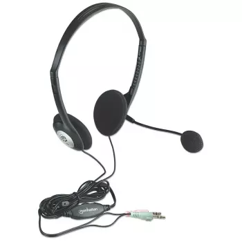 Manhattan stereo on-ear-headset (3,5 mm), mikrofoni, inline-äänenvoimakkuuden säätö, vaahtomuoviset korvatyynyt, standardi 2x 3,5 mm stereoliitin äänelle/mikrofonille, kaapeli 2 m, musta, kolmen vuoden takuu